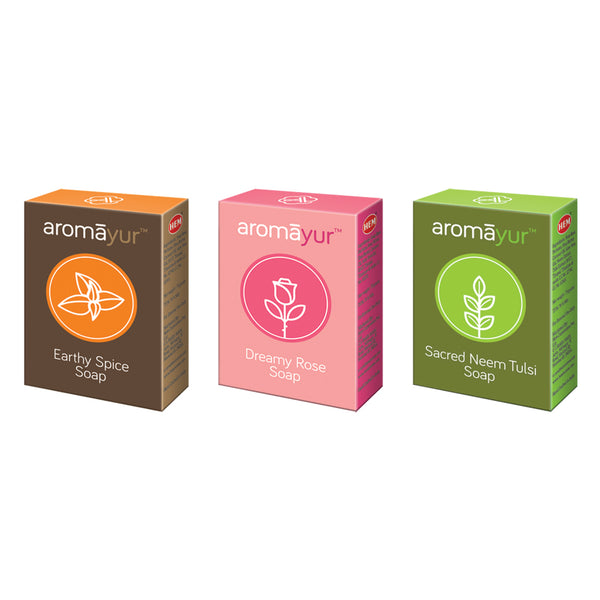 HEM Aromayur Aroma Soaps - Earthy Spice, Sacred Neem Tulsi & Dreamy Rose (225g)